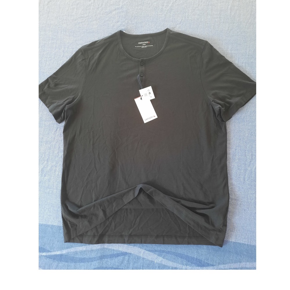 UNTUCKit Gera Henley Shirt Mens Large Black Short Sleeve Tencel Cotton 41560 NEW